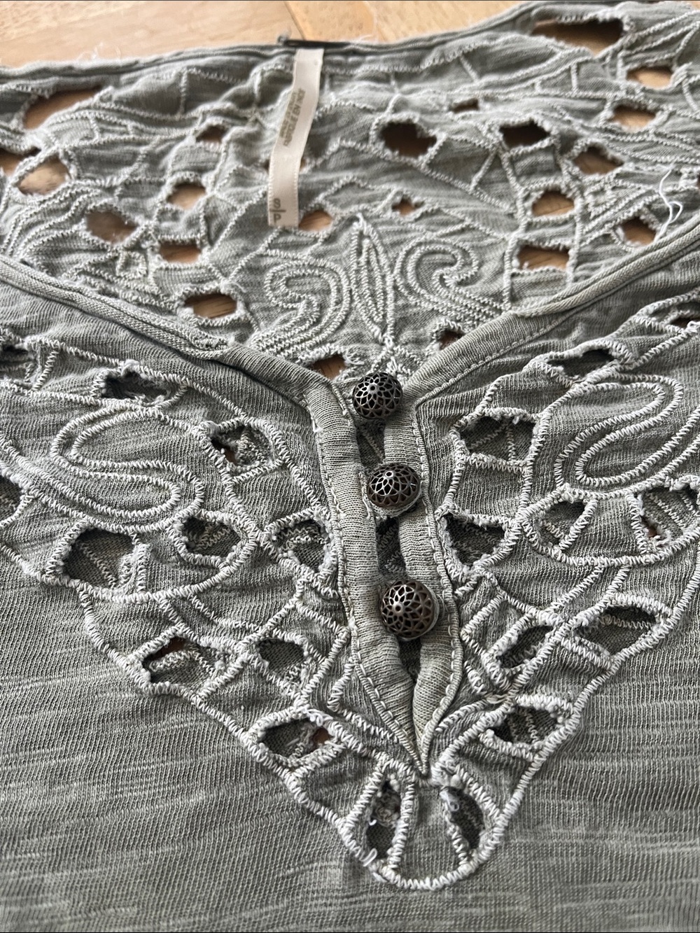Free People Crochet Long Sleeve Tee in Olive/Grey Flawed* - Picture 3 of 7